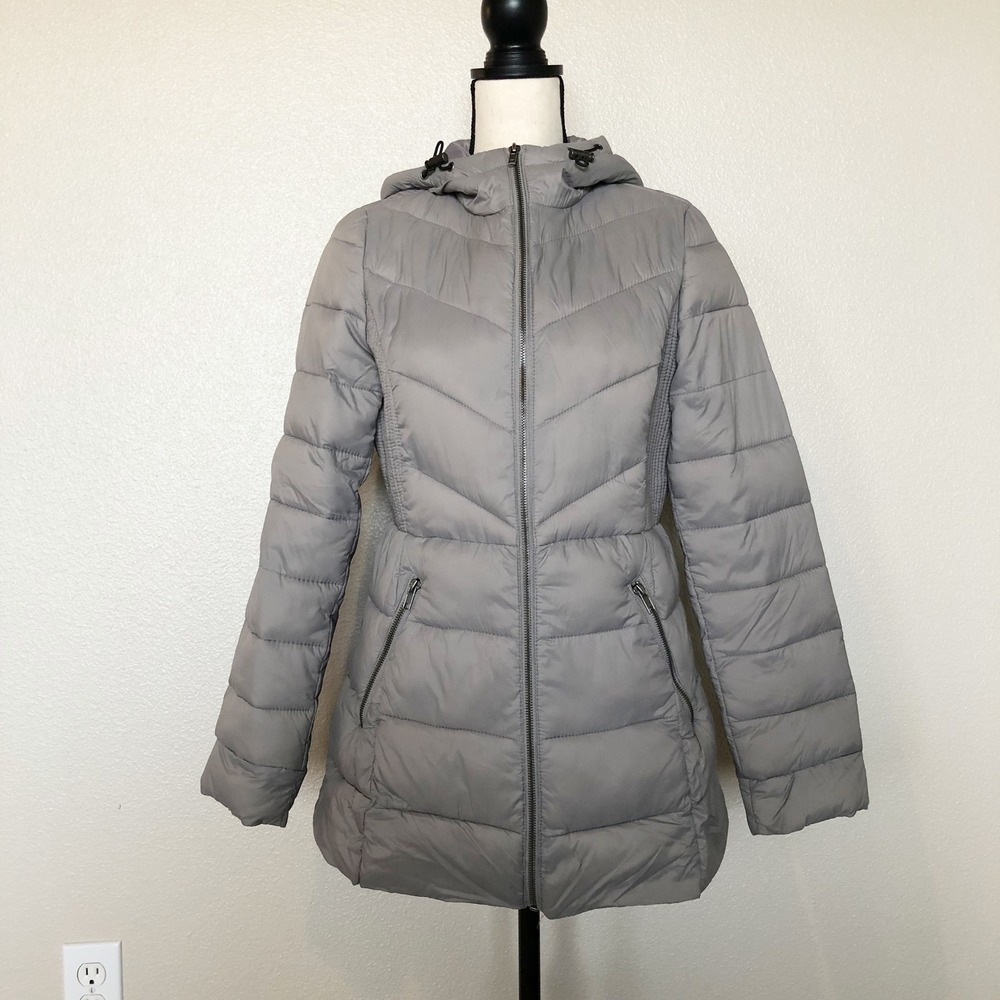 A New Day Jacket Womens Small Gray Hooded Puffer Coat Quilted Zip Up Long